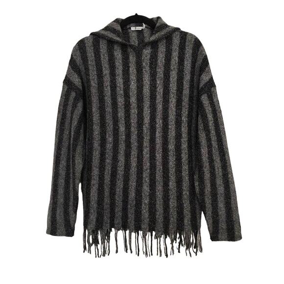T by Alexander Wang Gray Stripe Hooded Fringe Designer Pullover Sweater Size XS - Picture 4 of 12